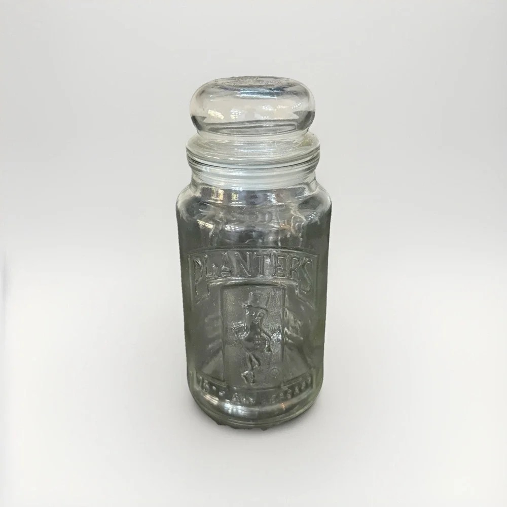 Vintage 1981 Planters Mr. Peanut Jar Canister Clear‎ Glass Lid 75th Anniversary